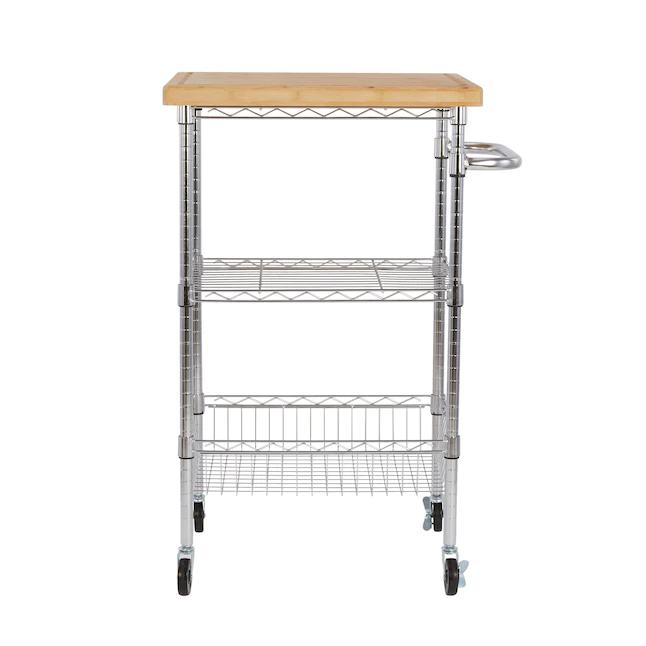 Style Selections Chrome Steel Base with Wood Top Rolling Kitchen Cart (24-in x 19.7-in x 38-in)