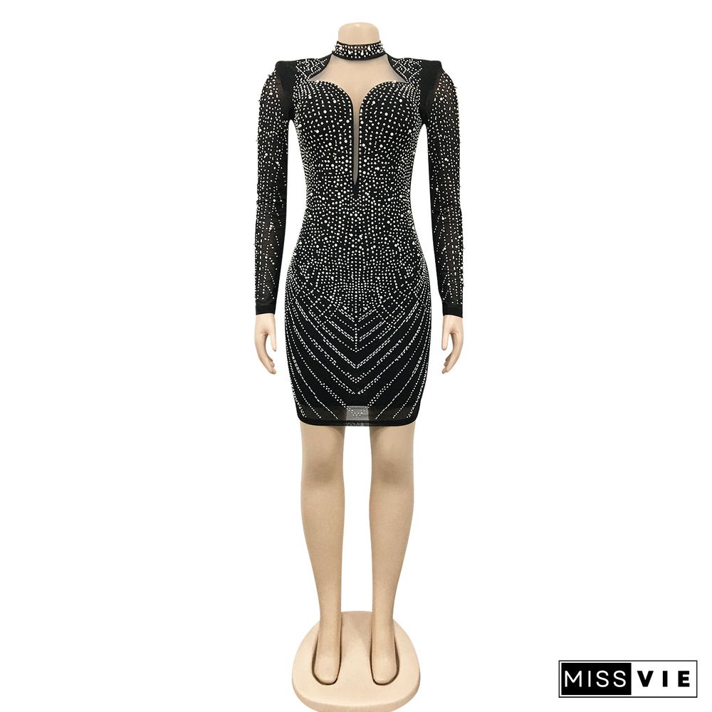 Sexy Hot Drilling Mesh Deep V Nightclub Evening Dress