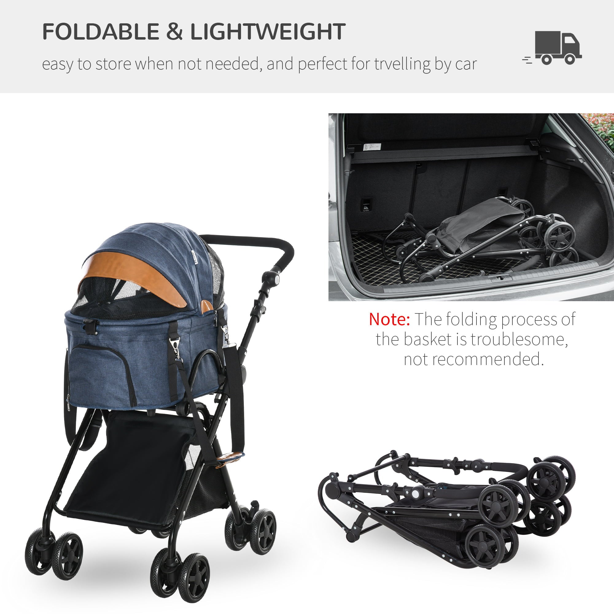 PawHut Luxury Folding Pet Stroller Dog/Cat Travel Carriage 2 In 1 Design， Black