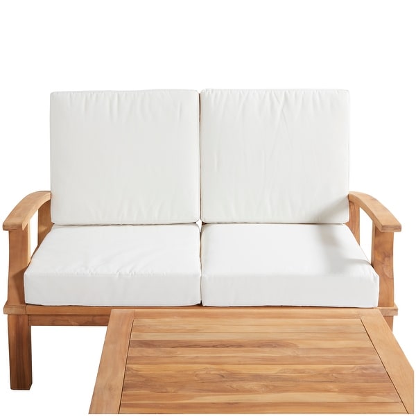 Teak Wood Traditional Outdoor Seating Set with OffWhite Cushions (Set of 5 Pieces)