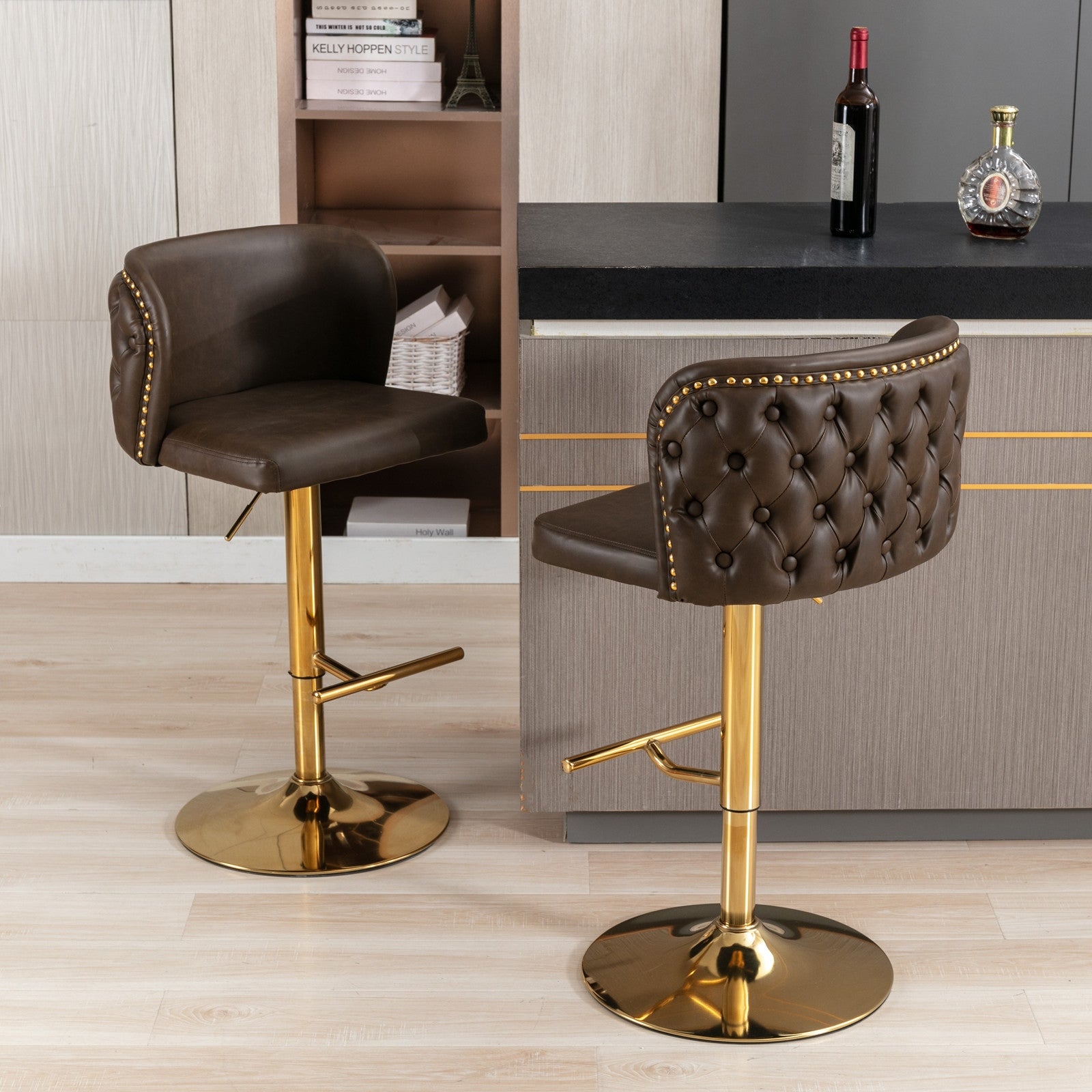 Set of 2 Modern PU Upholstered Bar Stools with the whole Back Tufted