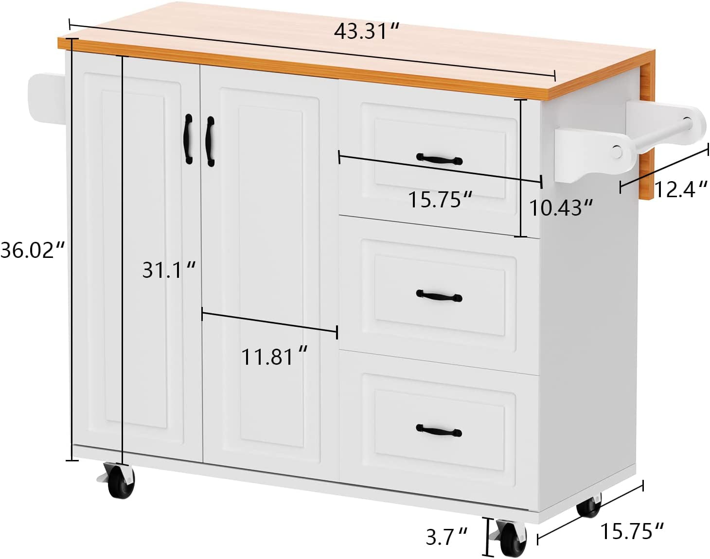 Catrimown Kitchen Island  Cart with Storage， Drop Leaf Kitchen Island on Wheels， Wood Countertop， Lockable Casters， White