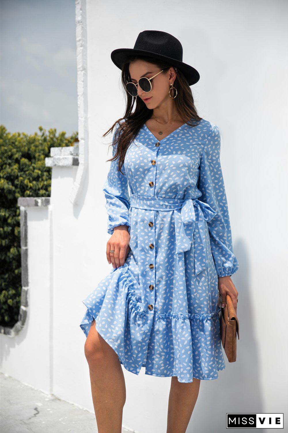 Dot Print Button Ruffle Tunic Dress