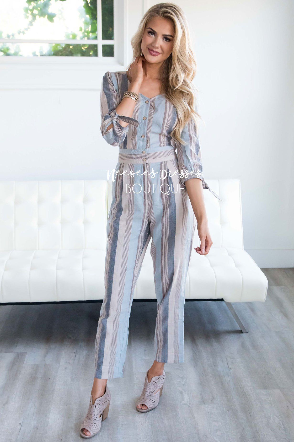 Dusty Blue & Tan Striped Jumpsuit