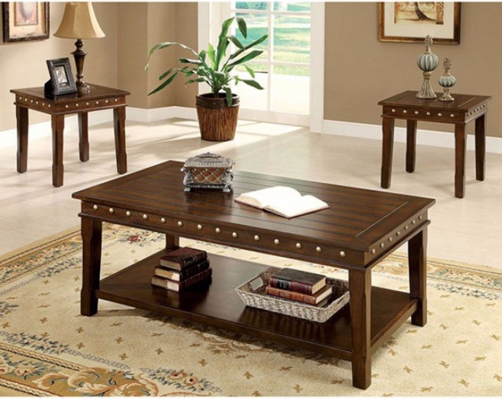 Solid Wood Coffee  ampEnd Tables Set  Dark Brown  Pack Of 3   Transitional   Coffee Table Sets   by Homesquare  Houzz