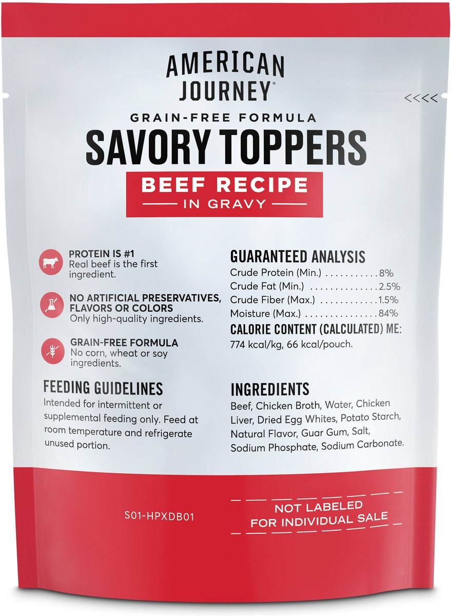 American Journey Savory Toppers Beef Recipe in Gravy Grain-Free Dog Food Topper， 3-oz pouches， case of 24