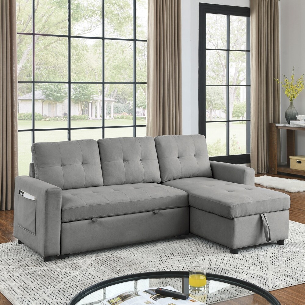 Livingroom Sectional Sofa w/ Pull Out Bed  L shape Storage Recliner Couch w/ Side Pocket  Reversible Chaise Lounge Couch  Grey