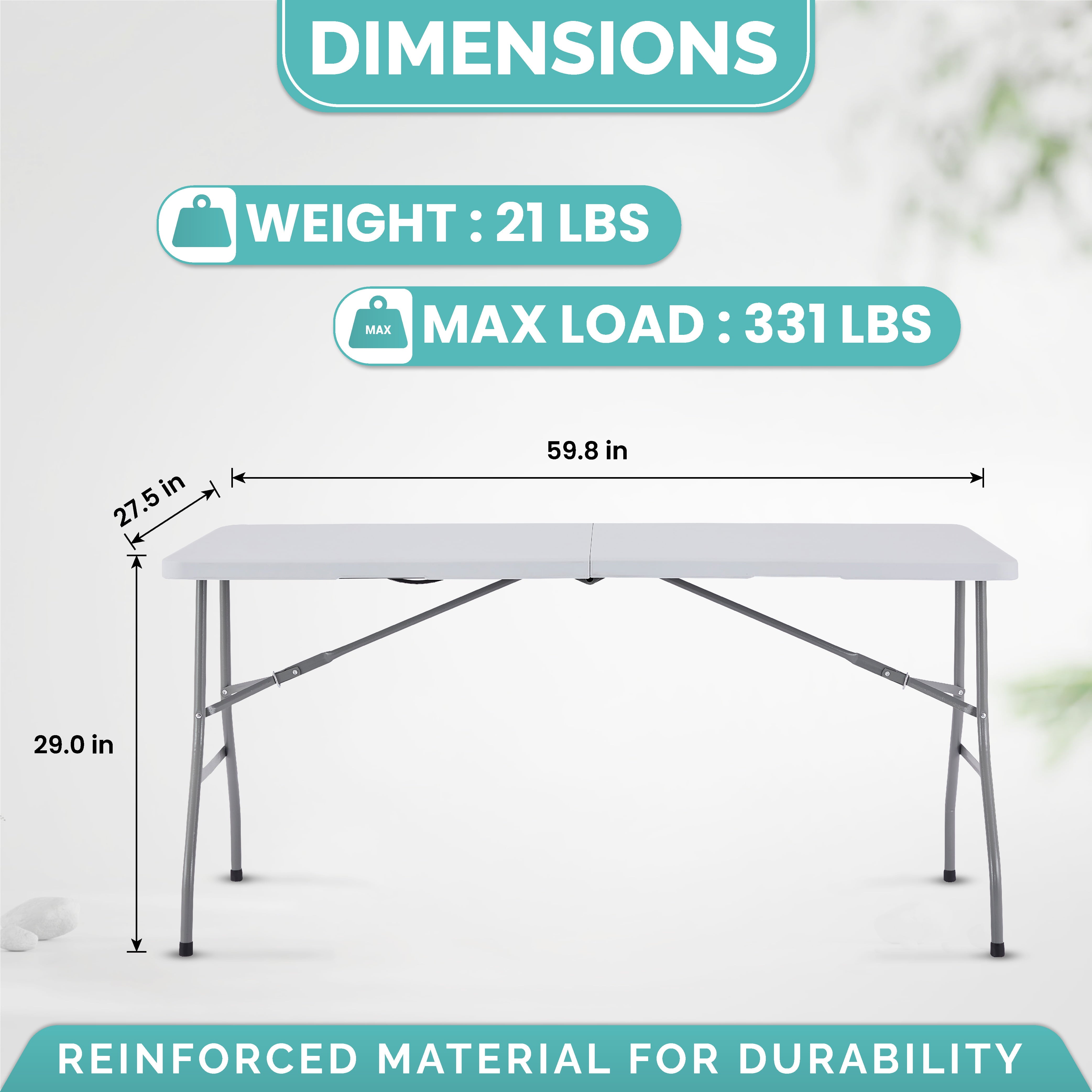 Naomi Home Folding Table 5ft Foldable Table Dinner Table Collapsible Portable Tables Folding Multipurpose Rectangular Resin Fold Up Table 5 Foot for Outdoor Camping Picnic Party- White