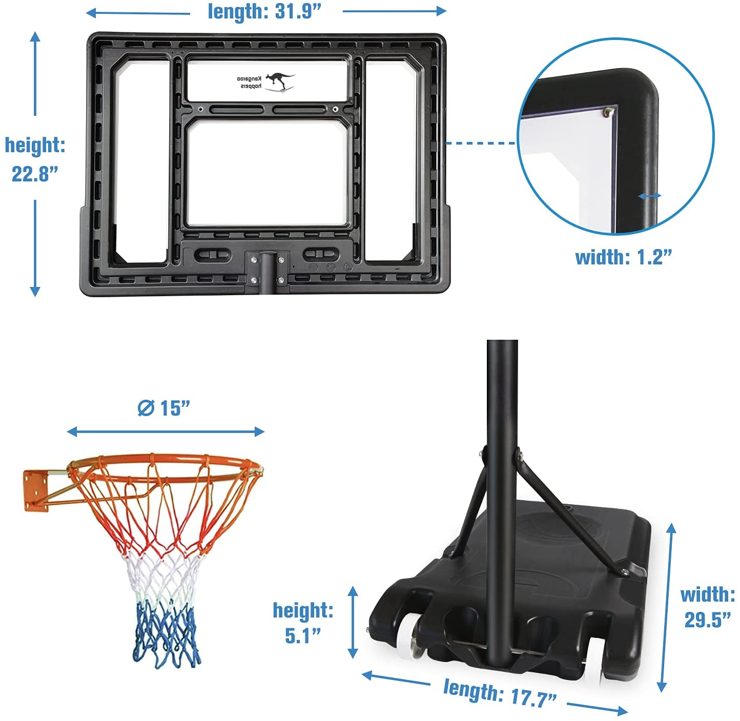 Kangaroo Hoppers 5FT- 6.8FT Height Adjustable Portable Basketball Hoop for Kids， Basketball System with Wheels for Indoor and Outdoor