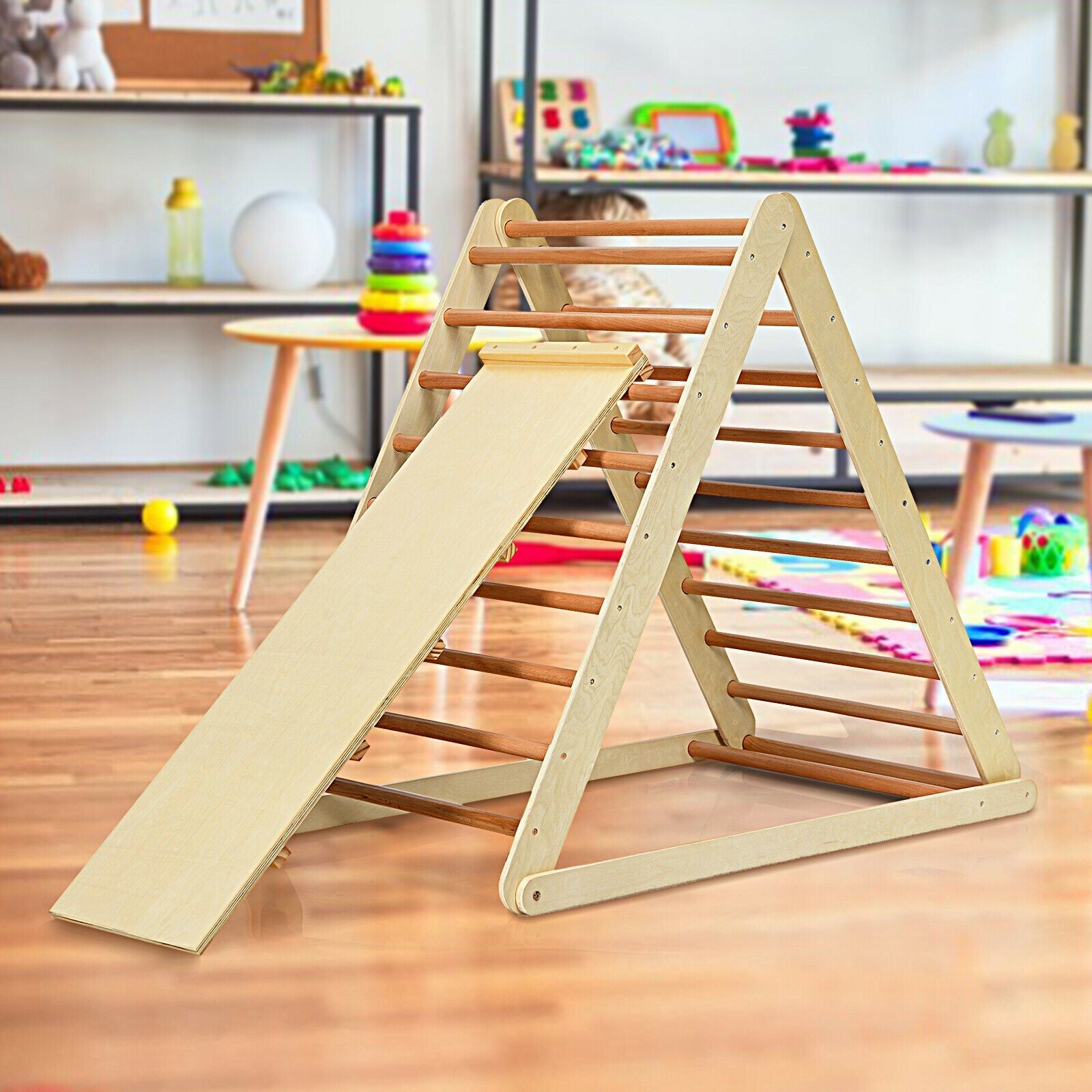 Costzon Foldable Triangle Ladder with Ramp, 3 in 1 Toddler Wooden Activity Climber for Sliding & Climbing