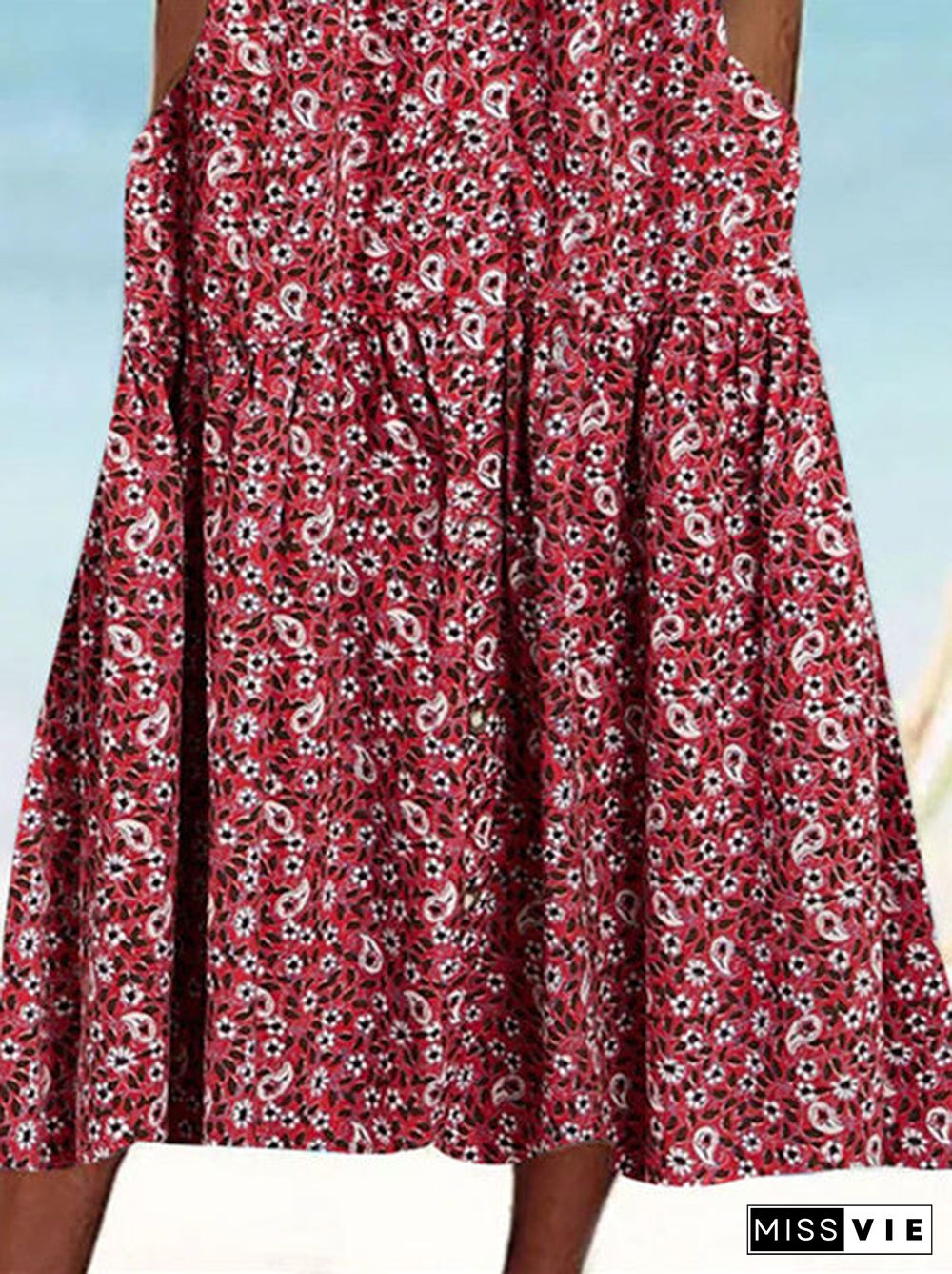 Women's Red Sleeveless Scoop Neck Pockets Graphic Floral Printed Midi Dress