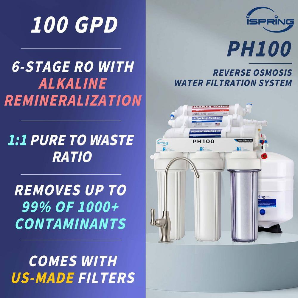 ISPRING 6-Stage High Capacity Reverse Osmosis Drinking Water Filtration System w Alkaline Filter100 GPD US Made Filters PH100