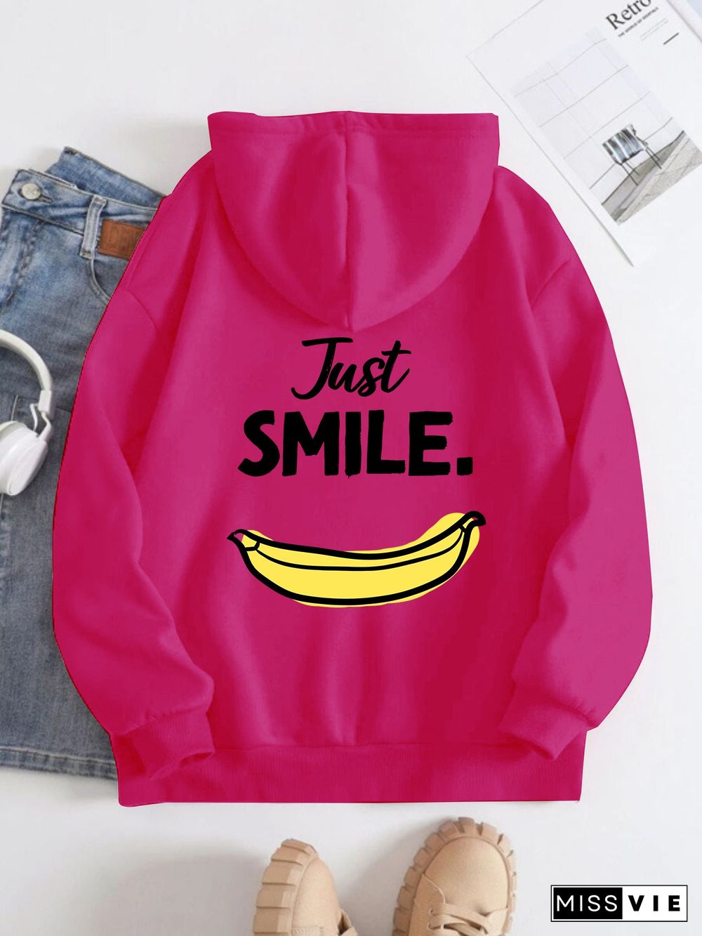 Printed on the Back Kangaroo Pocket Hoodie Long Sleeve for Women Pattern Just Smile