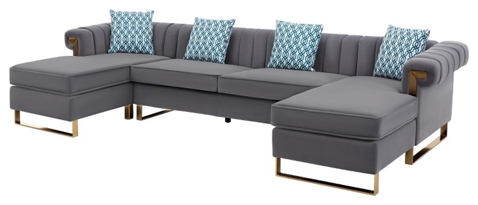 Maddie Gray Velvet 5 Seater Double Chaise Sectional Sofa Throw Pillows   Contemporary   Sectional Sofas   by Homesquare  Houzz