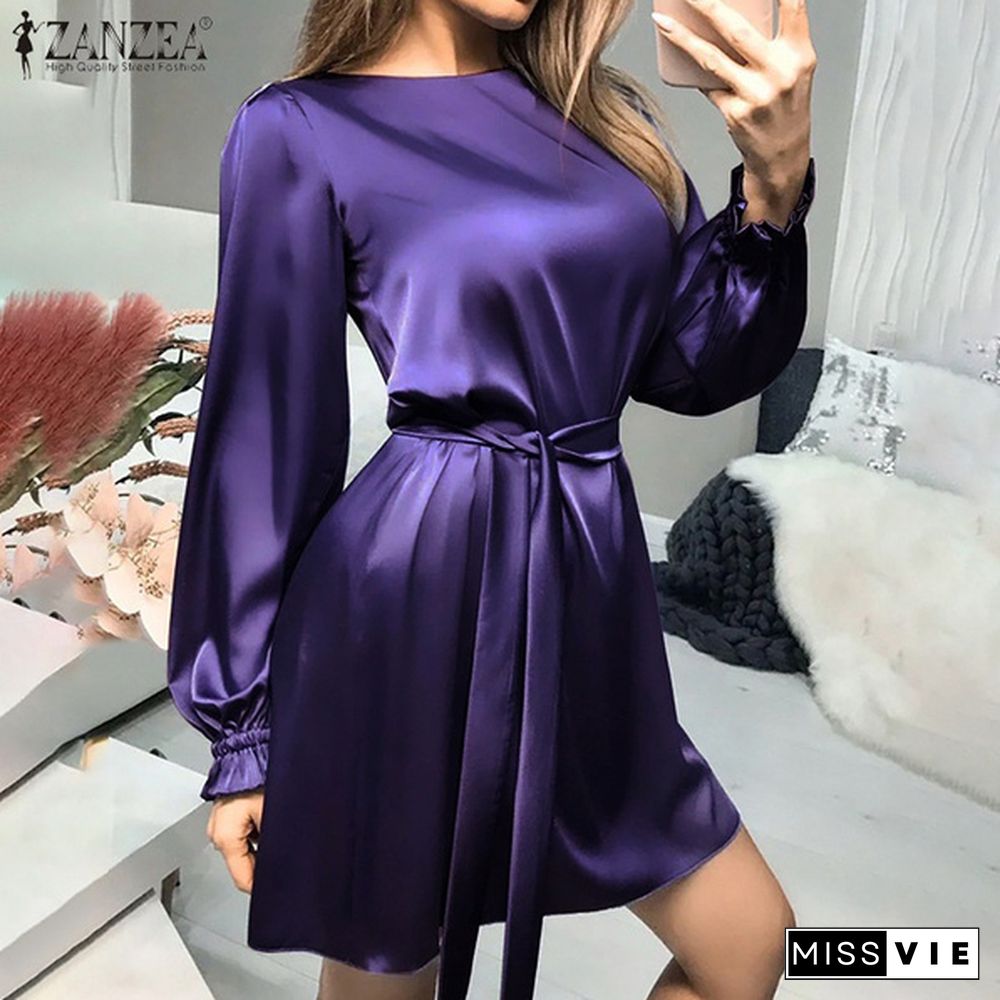 Women Fashion Sundress Office Ladies Plain Casual Elegant Puff Sleeve Holiday Mini Dress