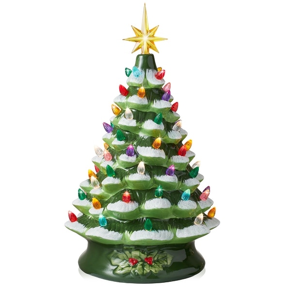 15Inch Snow Flocked Ceramic Christmas Tree，Hand Painted PreLit