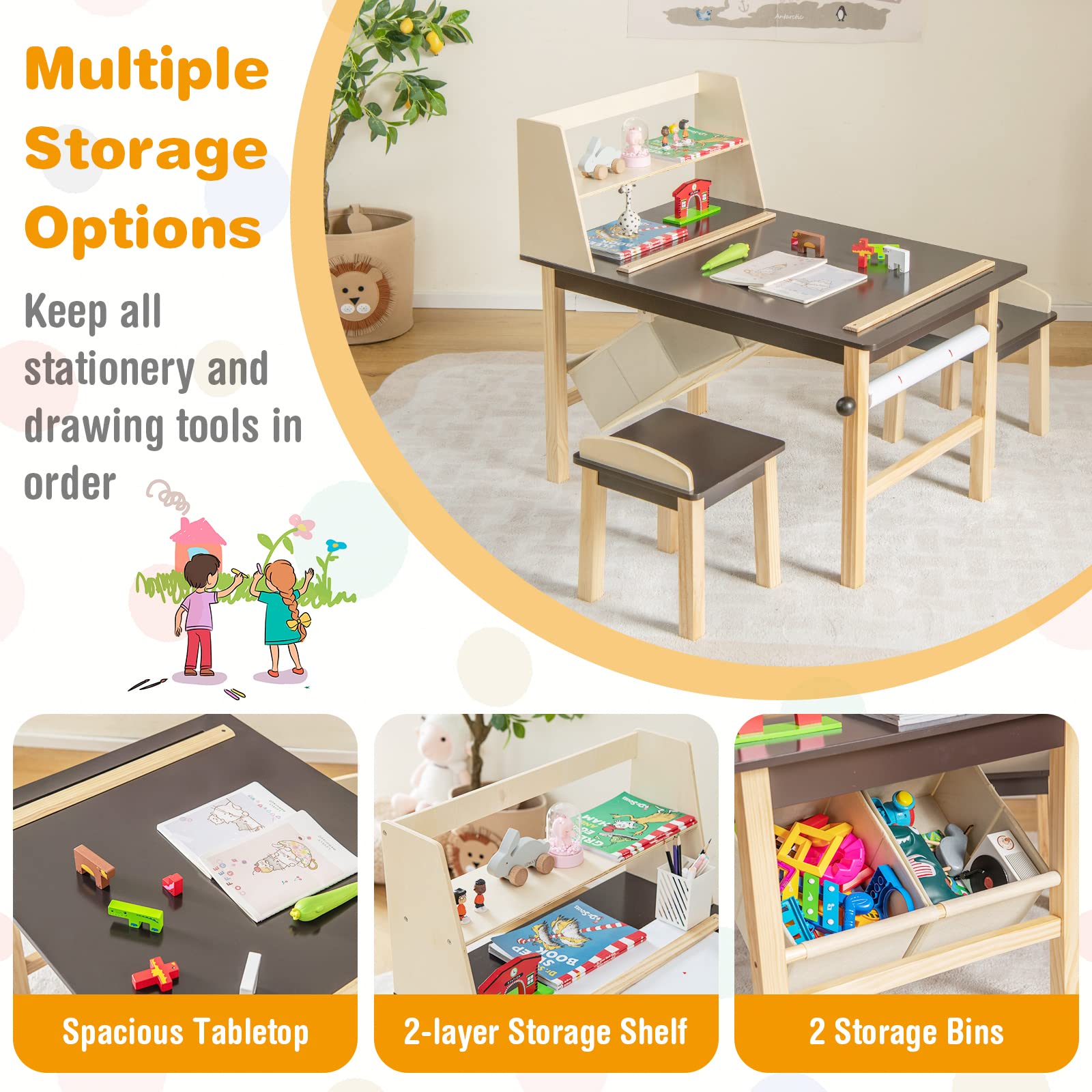 Costzon Kids Art Table and Chair Set, Wooden Drawing Painting Craft Center