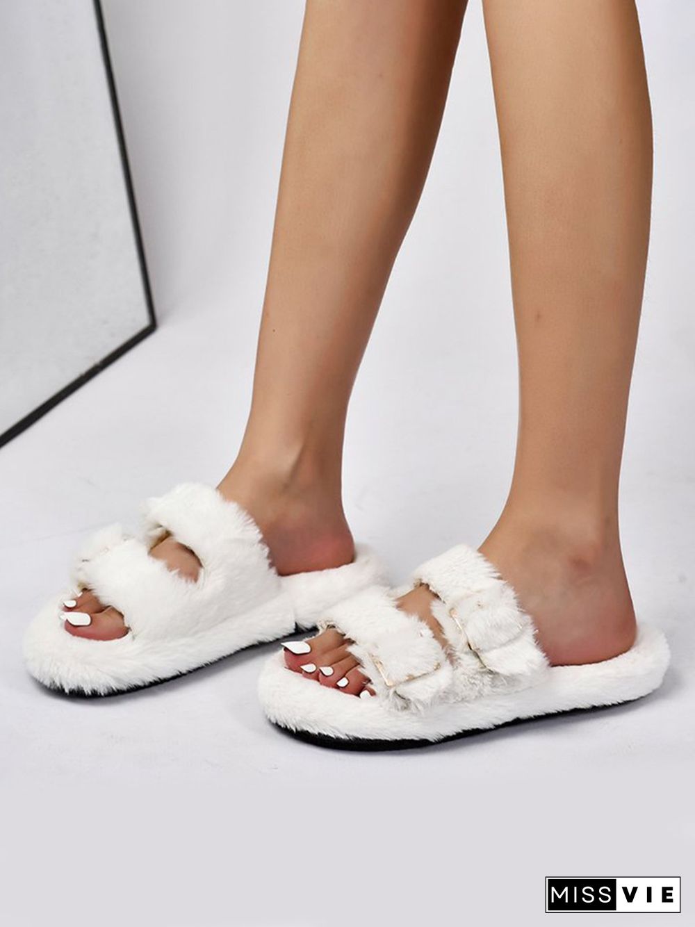 Casual Buckle Furry Slippers