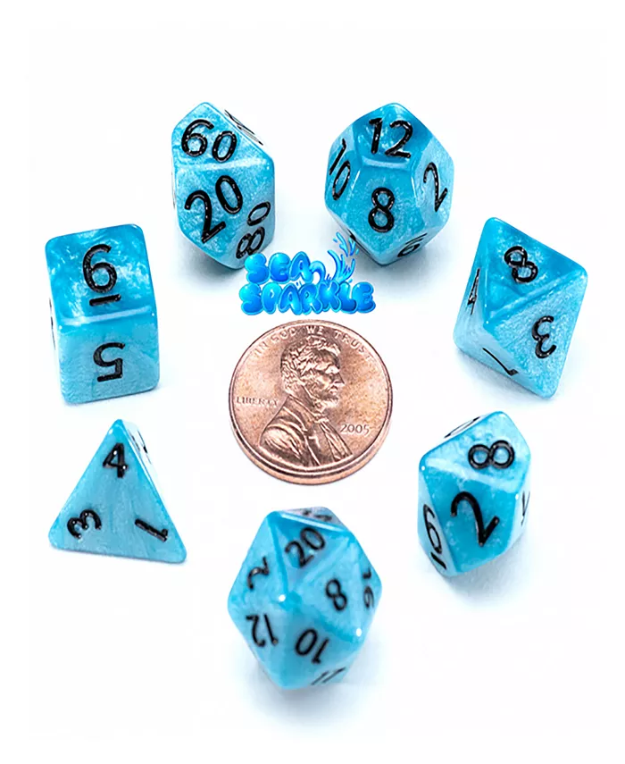 Gatekeeper Games Mighty Tiny Dice Sea Sparkle 7 Piece Rpg Dice Set  Glow in The Dark  12mm Resin Dice  Roleplaying  Radiant Style Dice infused With Surface Glitters