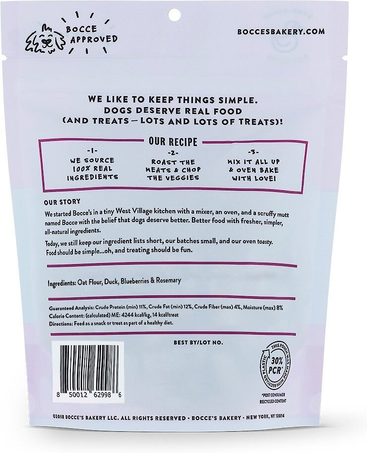 Bocce's Bakery Everyday Quack Quack Quack Biscuits Crunchy Dog Treats， 5-oz bag