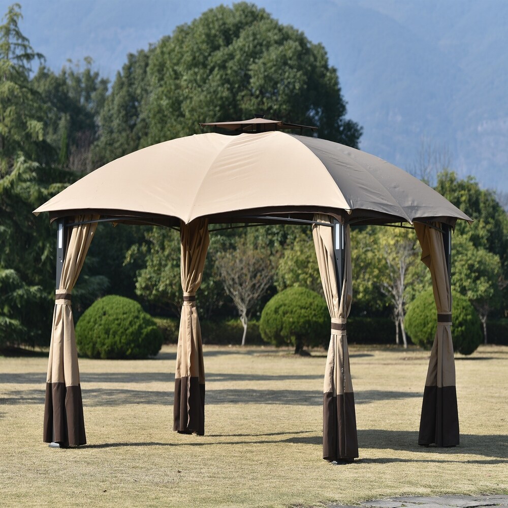 10ft * 12ft Double Vent Gazebo with Metal Frame Rectangular Canopy with Screen and LED Lights for Backyard and Poolside