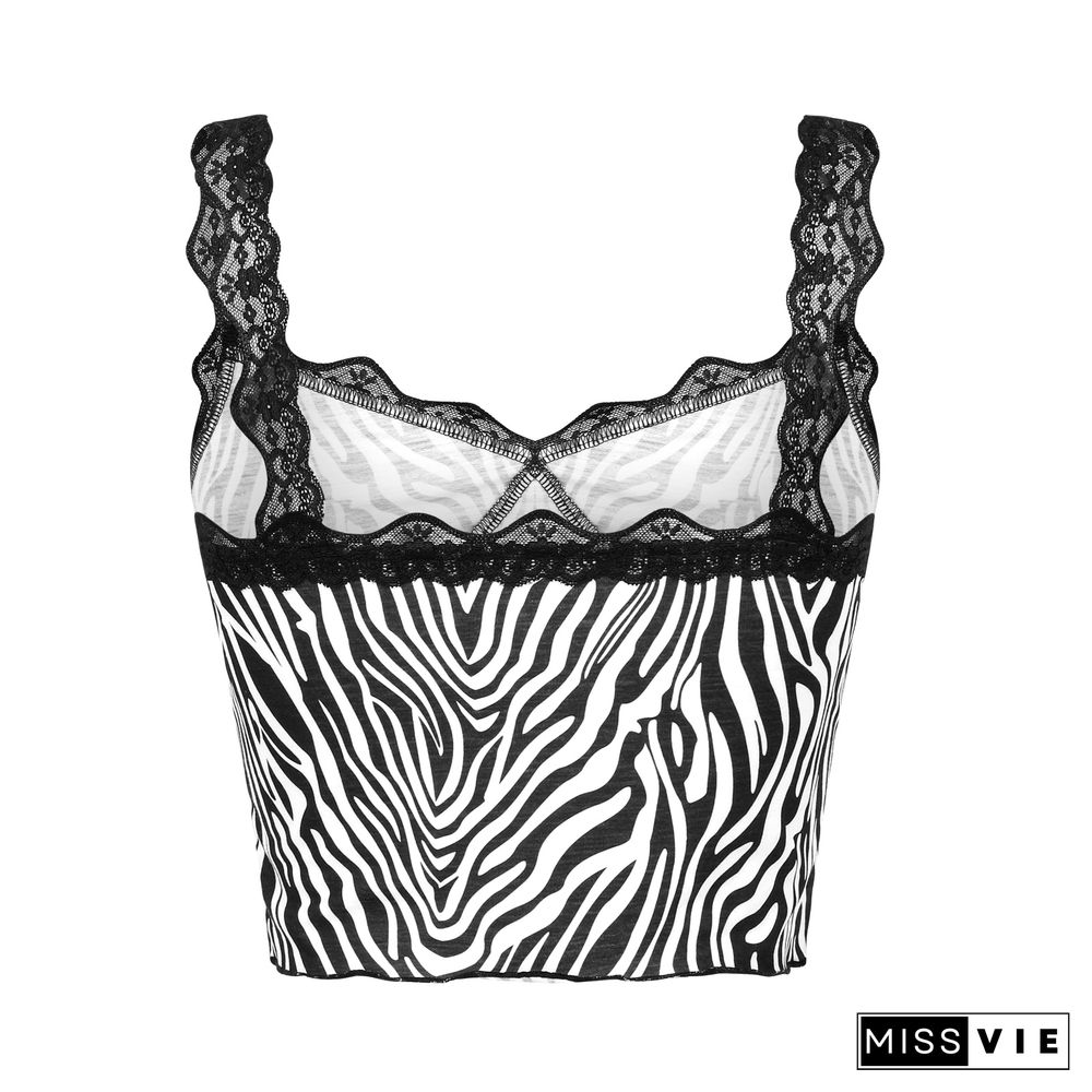 Zebra Striped Camisole Sexy Lace Trim V-Neck Suspender Tops Women's Vest Lace Straps Slim Crop Tops Party Club Summer Camis