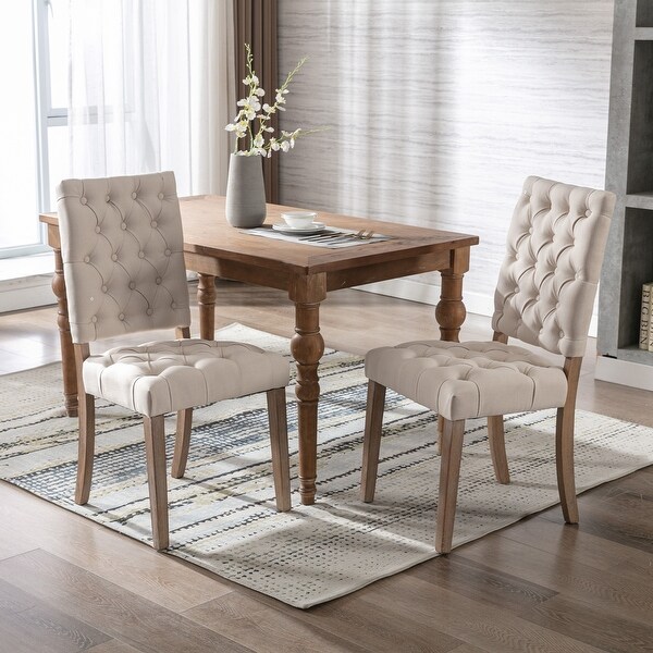 Wooden Frame Linen Fabric Tufted Dining Chair，Set of 2