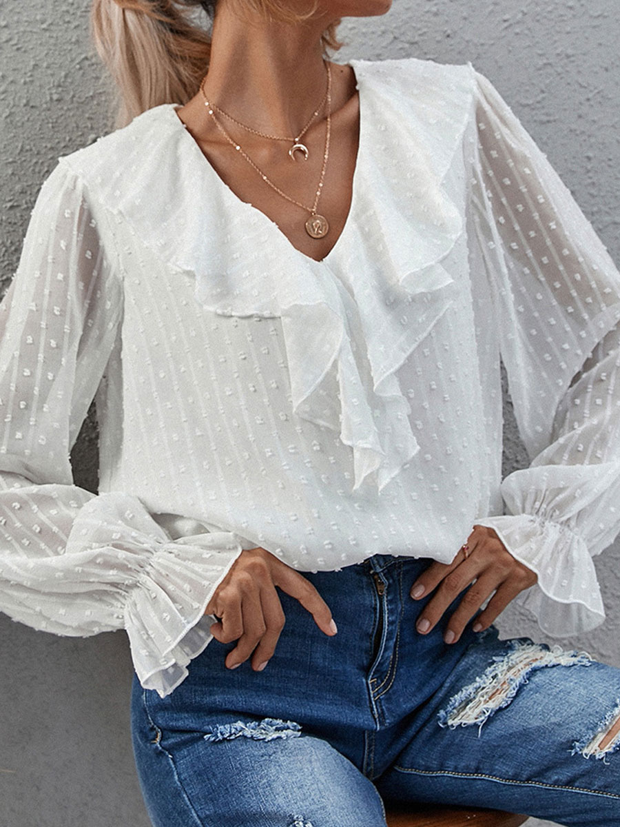 V-neck Casual Loose Jacquard Long-sleeved Blouse