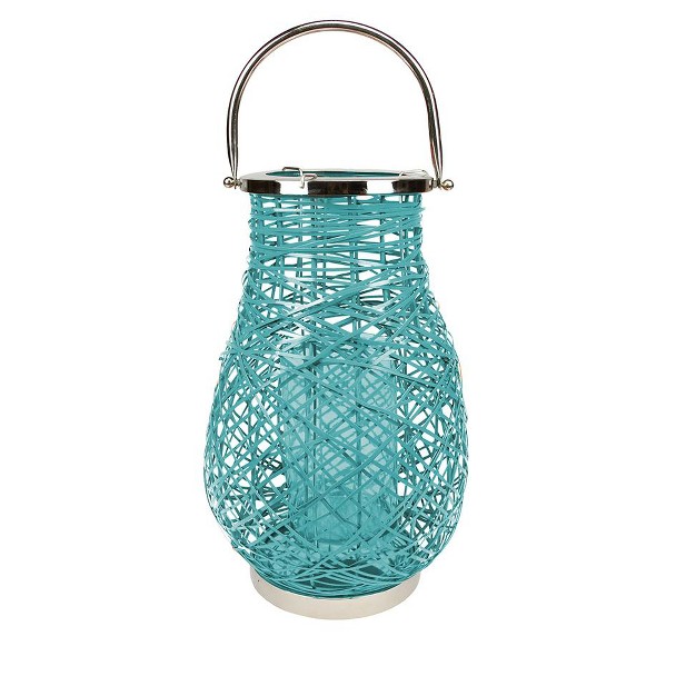 Modern Turquoise Blue Decorative Woven Iron Pillar Candle Lantern With Glass Hurricane