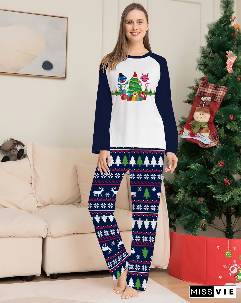 Cartoon Christmas Pattern Two-Piece Parent-Child Suit