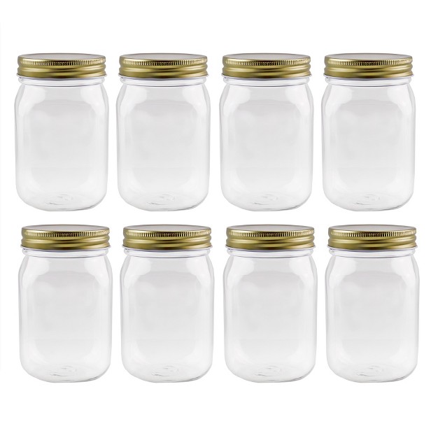 Cornucopia Brands 16oz Plastic Mason Jars 8pk Clear gold Mason Jar Style W Metal Lids Pint Size Compatible W Regular Mason Jar Lids