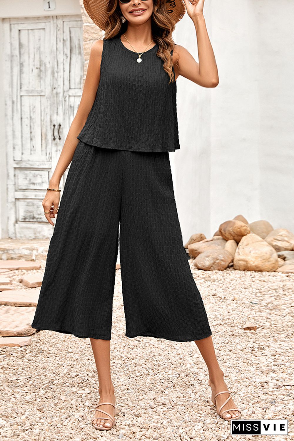 Frilled Texture Sleeveless Tank with Wide Leg Pants Jumpsuit