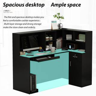 FUFUGAGA 55.9 in. L Shaped Black Wood Computer Desk with 5-Shelves Drawer and Cabinet Writing Table Workstation Reception Desk WFKF210088-02