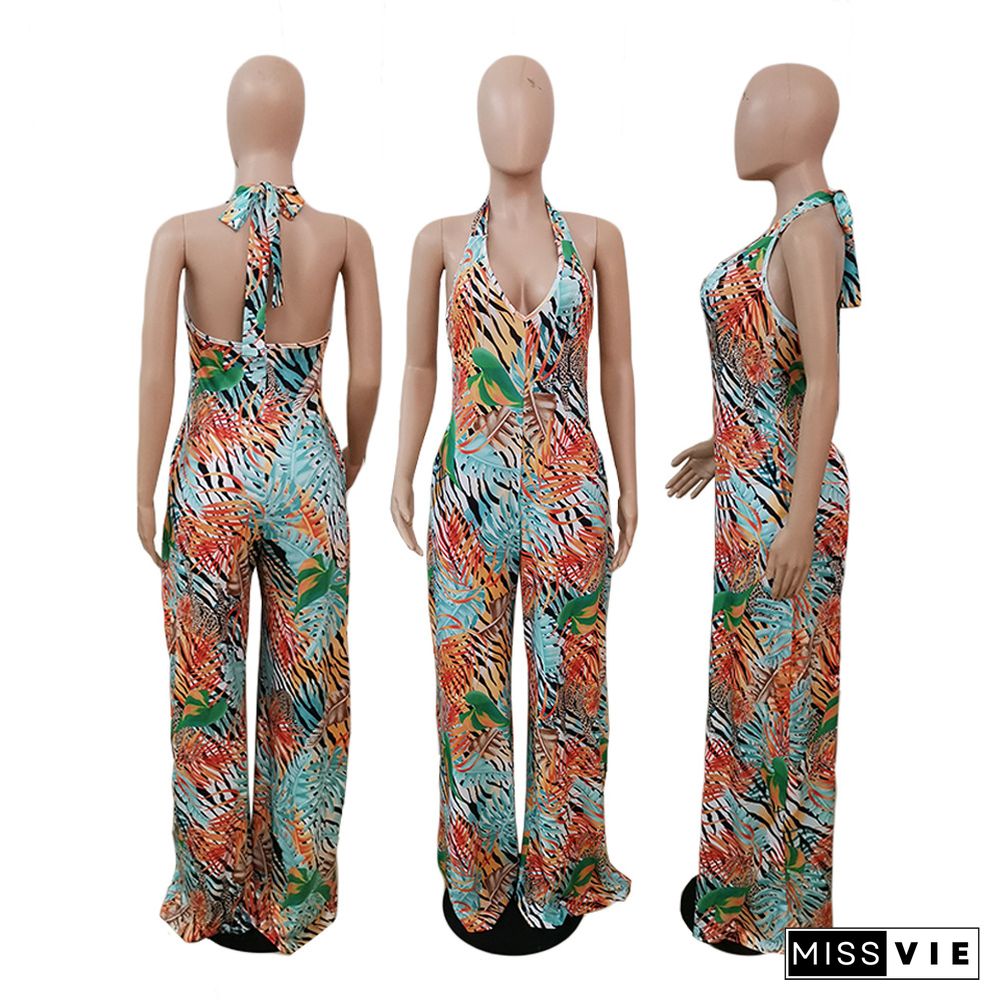 Elegant Leaf Printed Women Deep V Backless Halter Boho Sleeveless Casual Summer Wide Leg Jumpsuits