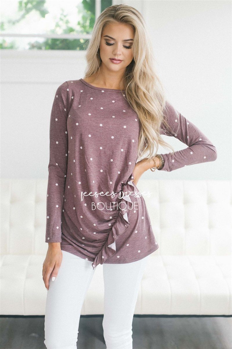 Polka Dot Ruffle Front Long Sleeve Top