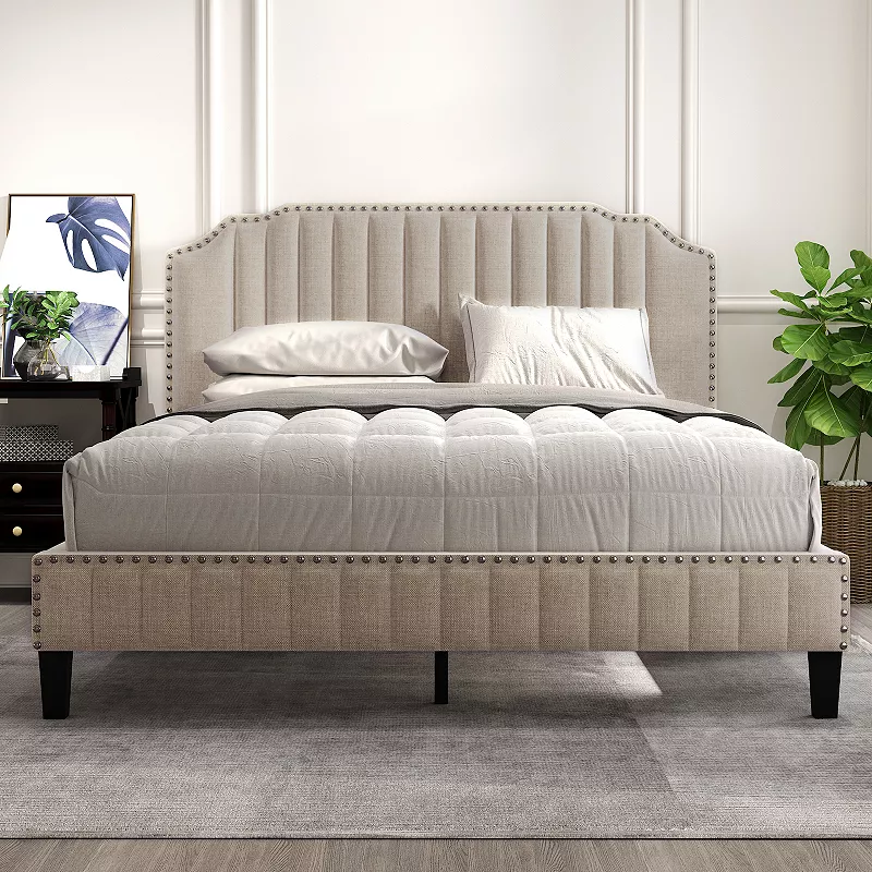 Merax Modern Linen Curved Upholstered Platform Bed