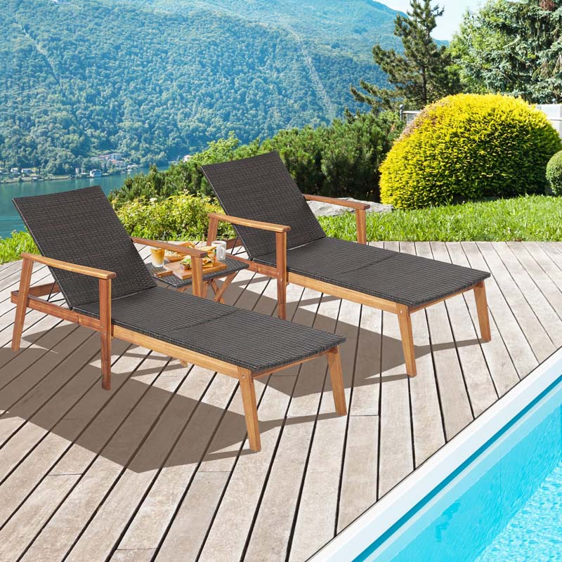 Acacia Wood & Rattan Patio Beach Outdoor Chaise Lounge Chairs Pool Sun Lounger Set with Folding Side Table