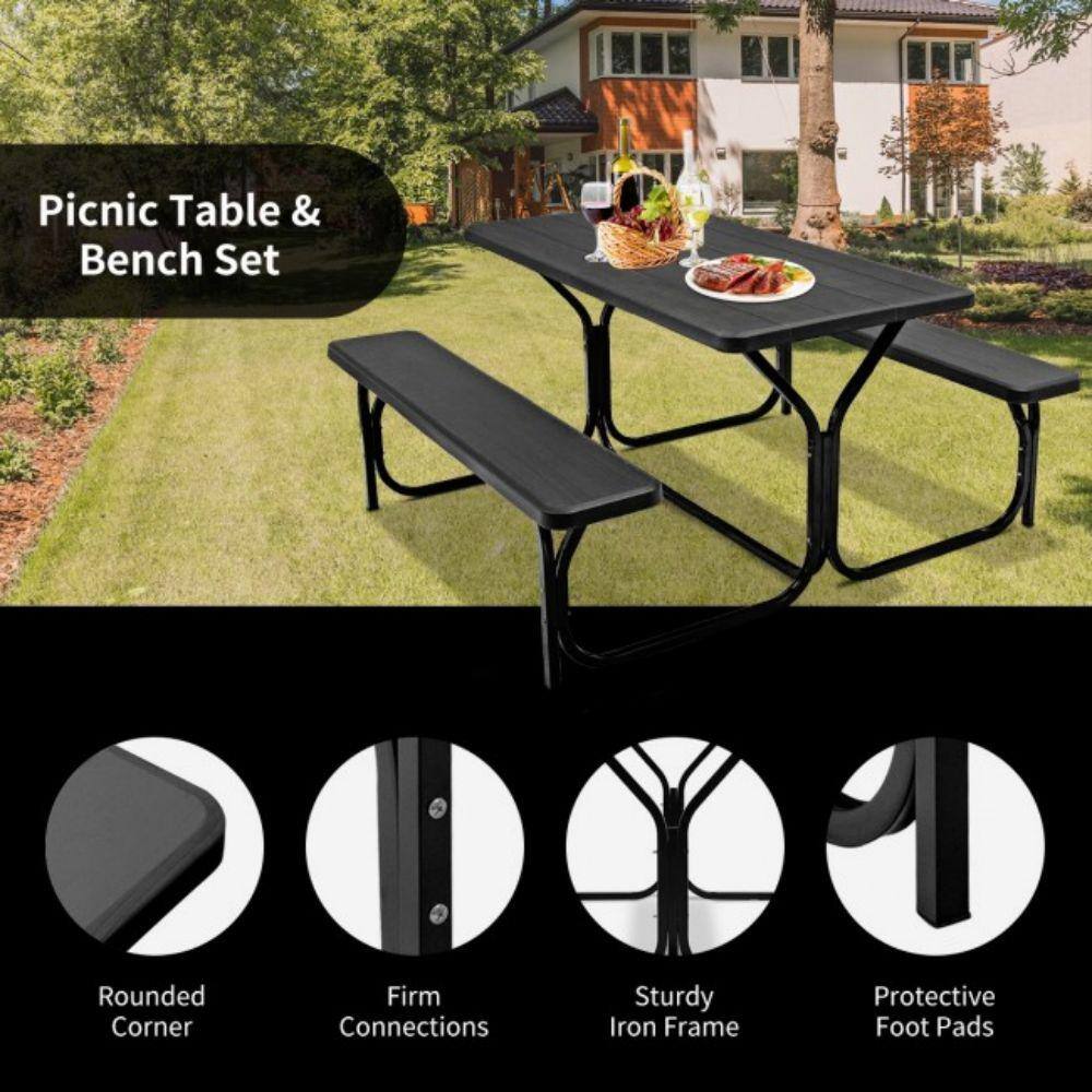 Alpulon All-Weather Metal Outdoor Picnic Table Bench Set with Metal Base Wood ZMWV083