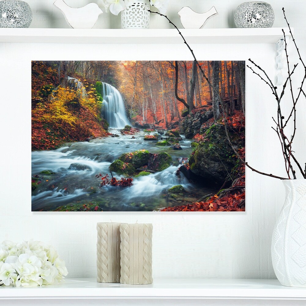 Autumn Mountain Waterfall Long View Landscape Photo Canvas Print   Orange