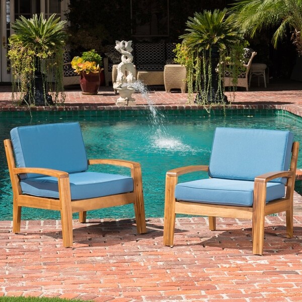 Wilcox Outdoor Wooden Club Chairs with Cushions， Set of 2， Teak Finish， Blue