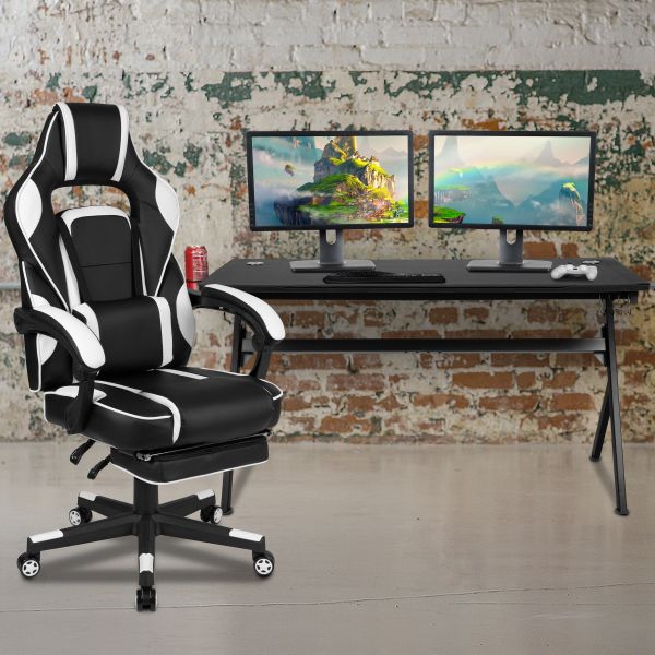 Optis Gaming Desk with Cup Holder/Headphone Hook/Removable Mousepad Top and White Reclining Back/Arms Gaming Chair with Footrest