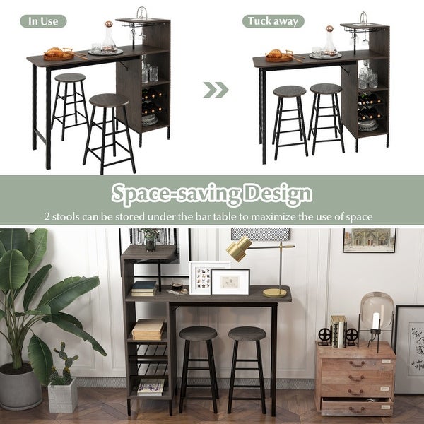 3 Piece Bar Table and Chairs Set with 6-Bottle Wine Rack-Brown - N/A