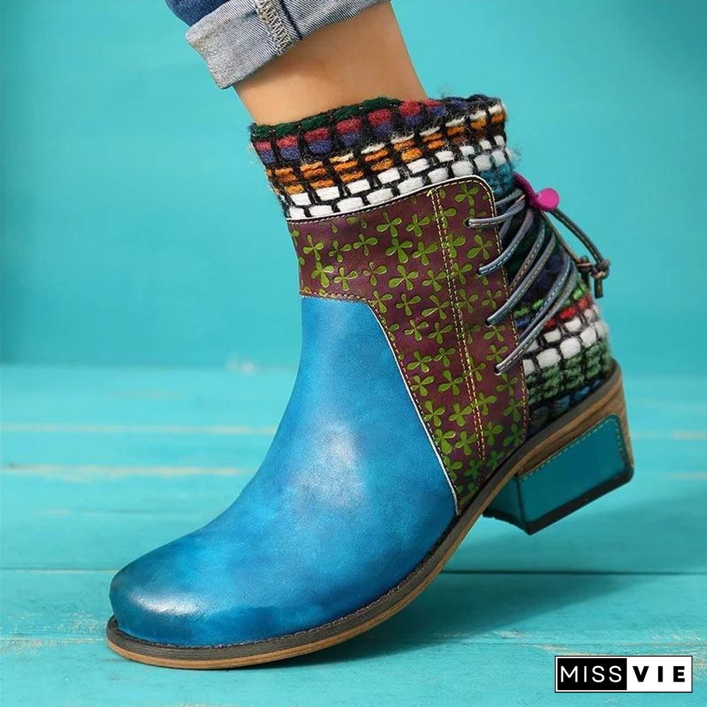 Round Head Colorful Printed Zipper Boots