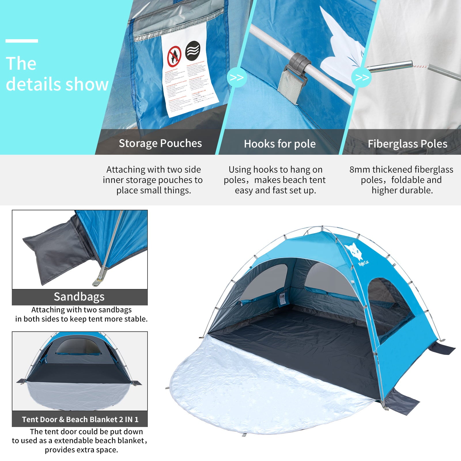 Night Cat Beach Tent Portable Camping Sun Shade Shelter for 2-3 Persons with UV Protection 3 Breathable Mesh Windows Extended Tent Floor Easy Set Up Outdoor Blue