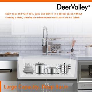 DEERVALLEY Solstice White Fireclay 33 in. L x 18 in. W Rectangular Single Bowl Farmhouse Apron Kitchen Sink with Grid and Strainer DV-1K502