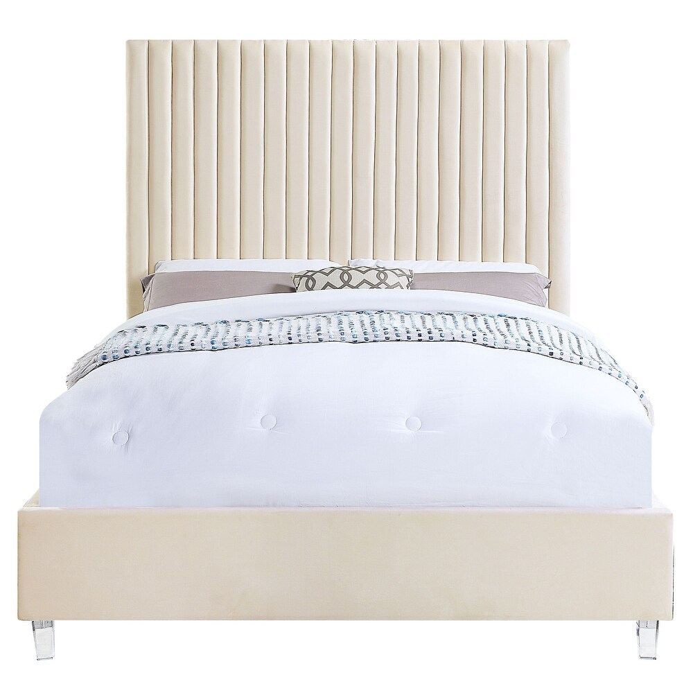 Claira Beige Platform Bed with Tufted Headboard