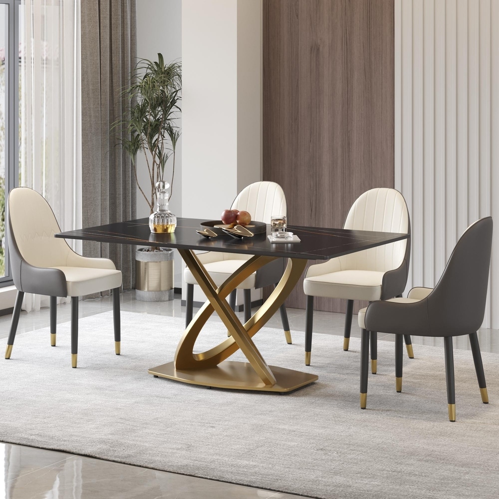 Modern Marble Dining Table with Gold Geometric Base