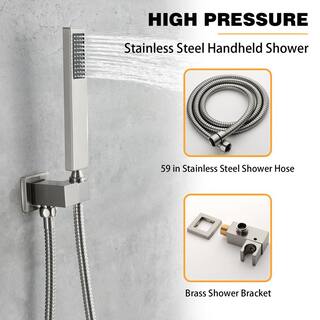 FORCLOVER 2-Spray Waterfall High Pressure Wall Mounted Shower System with Handheld Shower in Brushed Nickel FRIMFTHS011BN