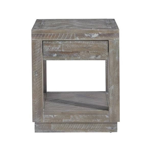 Acacia Wood End Table with One Drawer and One Shelf， Gray