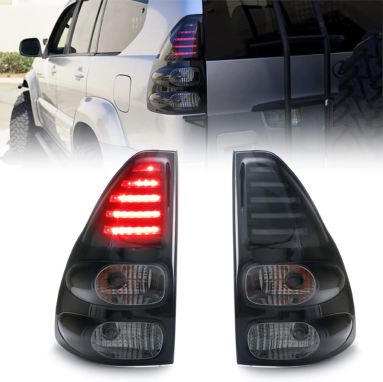 JDM Style SMOKE LENS / BLACK HOUSING LED Light Bar Rear Tail Light Set (Left + Right) Compatible with 2003-2009 LEXUS GX470